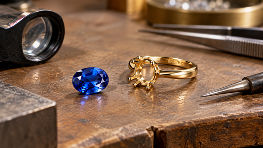 •Loose blue sapphire beside an empty 18K gold ring mount before custom setting
