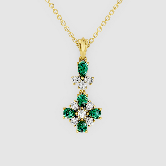 Regal Maya – Vintage-Inspired Emerald & Moissanite Cluster Drop Pendant in 18KT Gold