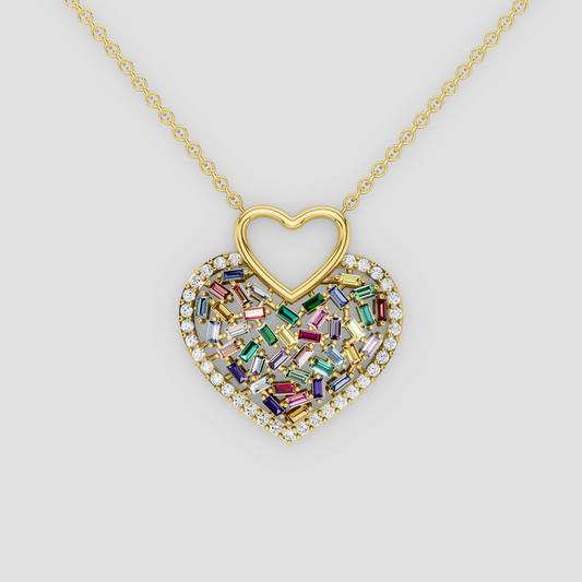 Aria – Natural Rainbow Gemstone Mosaic Heart Pendant in 18KT Gold