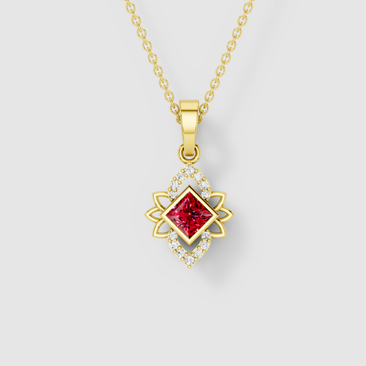 Nicole - Solid 18K Gold Princess-Cut Red Garnet & Moissanite Starburst Pendant"