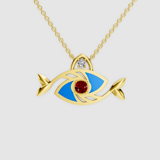 Elena – 18K Gold Evil Eye Fish Enamel Pendant with Ruby & Moissanite