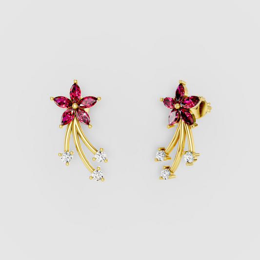 Sandra - 18K Gold Ruby Flower & Cascading Moissanite Drop Earrings"