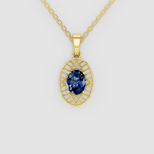Celestia – Oval-Cut Blue Sapphire Solitaire Openwork Pendant in 18KT Gold
