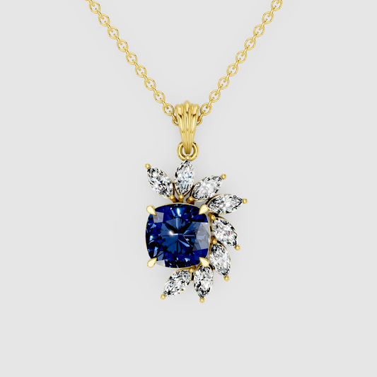 Diana – 18K Gold Cushion Blue Sapphire & Marquise Moissanite Cluster Pendant