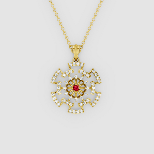 Arabella – Center Ruby Sunburst Wheel Pendant with Moissanite in 18KT Gold