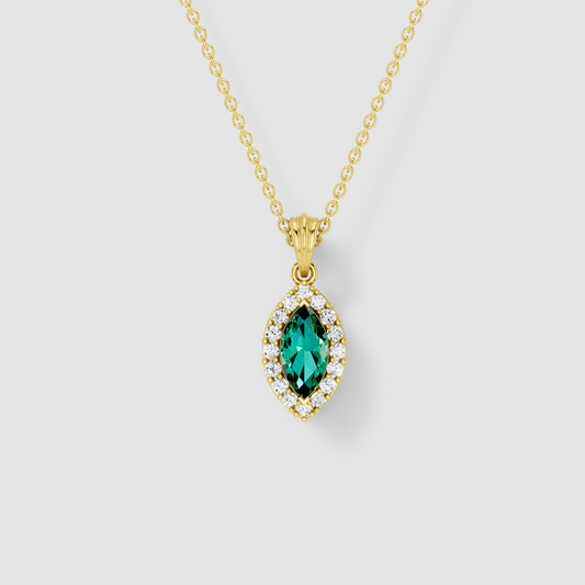 Ashley - 18K Gold Marquise Emerald & Moissanite Halo Pendant (Pendant Only)"