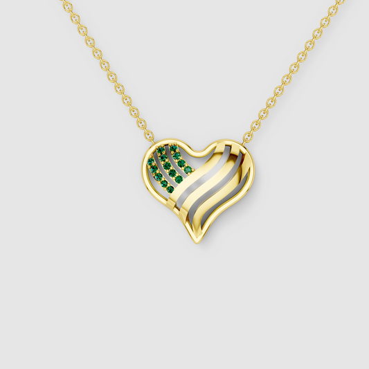 Margaret - Solid 18K Gold Open Heart Pendant with Emerald Ribbons"
