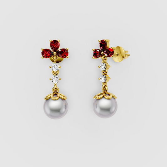 Betty - 18K Gold Pear Garnet, Moissanite & Natural Pearl Dangle Earrings" (Stylish & Direct
