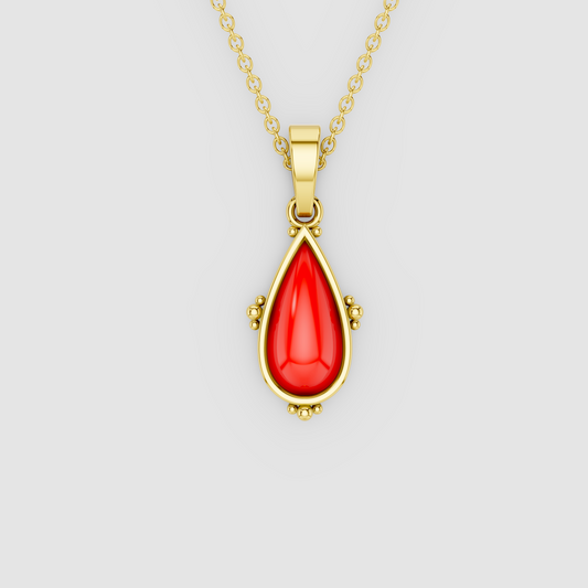 Marina – Teardrop Red Coral Bezel Drop Pendant in 18KT Gold