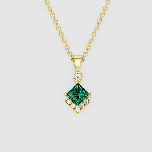 Princess Cut Emerald & Moissanite Pendant in 18K Solid Gold | Yellow, White, Rose Gold