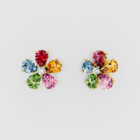 Emily - Solid 18K Gold Multi-Color Gemstone Blossom Stud Earrings
