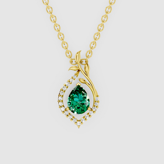 Anastasia – Pear Cut Emerald Nature-Inspired Leaf Pendant in 18KT Gold