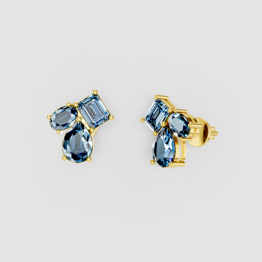 Jessica - 18K Gold Multi-Shape Aquamarine Cluster Stud Earrings"