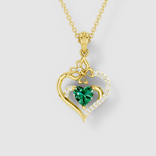 Olivia - 18K Gold Heart Emerald & Butterfly Moissanite Pendant (Pendant Only)"