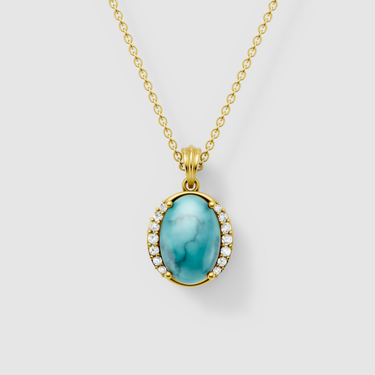 Mary - 18K Gold Oval Turquoise (Firoza) Pendant with Moissanite Accents"