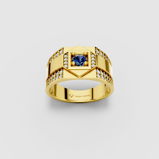 Hazel - Solid 18K Gold Blue Sapphire Square Focal & Pavé Moissanite Band