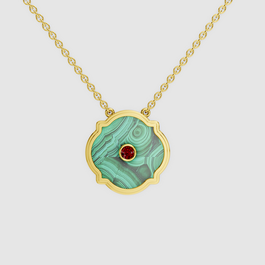 Sophia – 18K Gold Scalloped Malachite Medallion Pendant with Ruby Center Stone