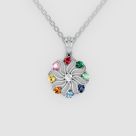 Rainbow Swirl – Natural Multi-Gemstone Pinwheel Floral Pendant in 18KT Gold