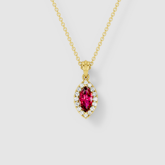 Sandra - Solid 18K Gold Ruby Solitaire Pendant with Sparkling Moissanite Halo"