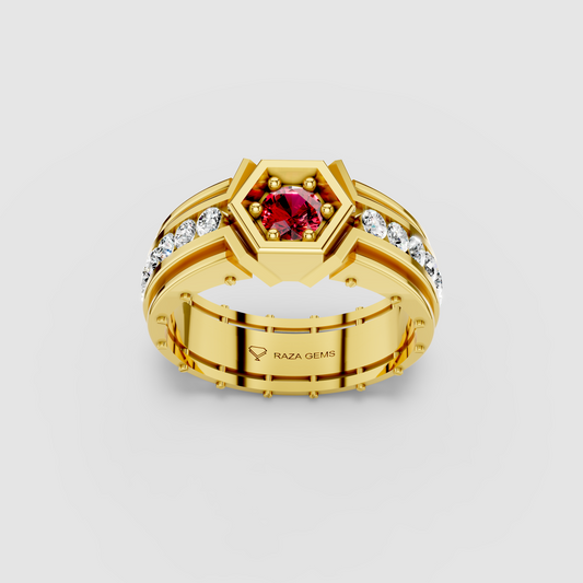 Daisy - 18K Gold Bezel Red Garnet & Moissanite Channel Signet Ring