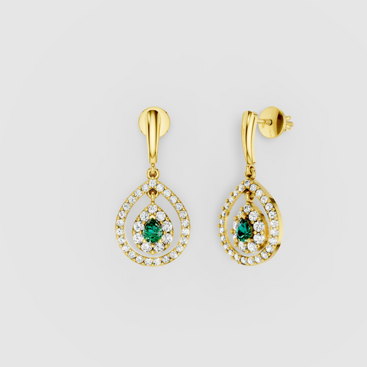 Patricia - 18K Gold Pear Emerald & Double Moissanite Halo Teardrop Drop Earrings"