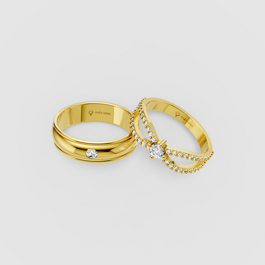 Delilah – 18K Solid Gold Moissanite Crossover Solitaire & Flush-Set Band Set