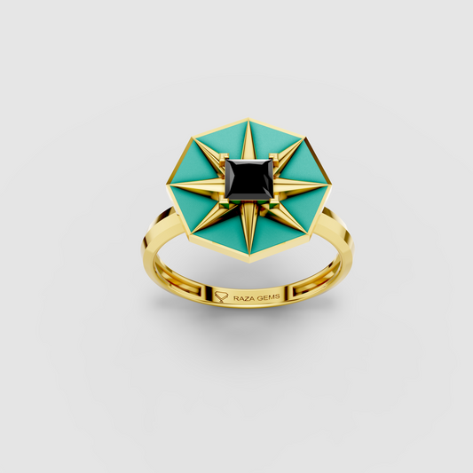 Sadie - 18K Gold Princess Black Spinel & Turquoise Enamel Ring