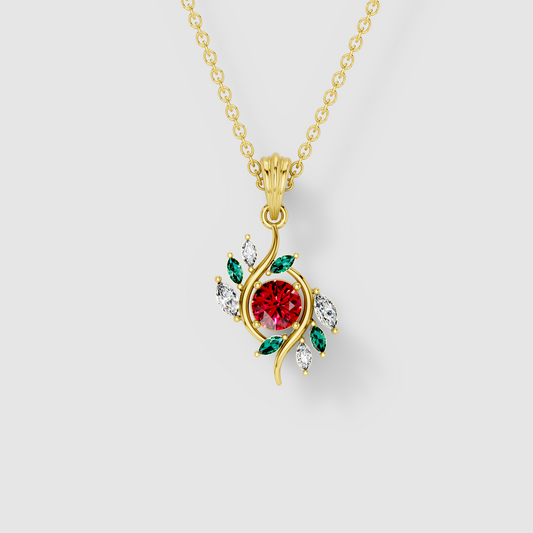 Kathleen - Solid 18K Gold Round Ruby, Emerald & Moissanite Swirl Pendant"