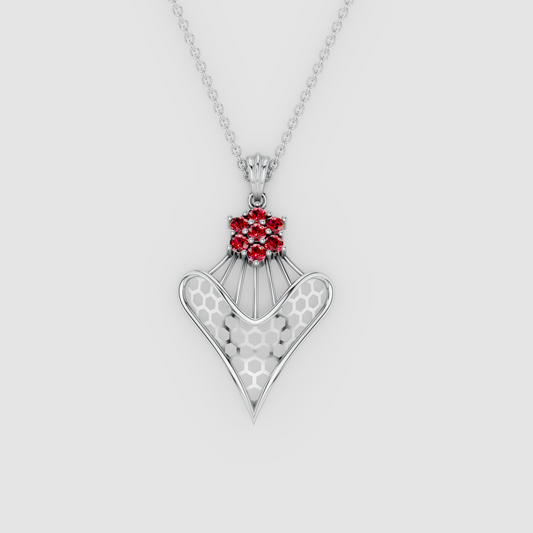 Grace – Ruby Floral Cluster & Lattice Heart Pendant in 18KT Gold