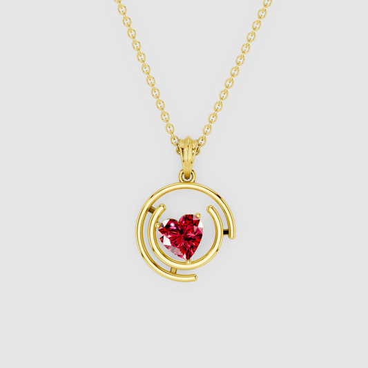 Rosalind – Heart Ruby Solitaire Concentric Halo Pendant in 18KT Gold