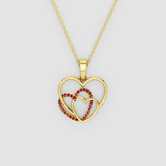 Eternal Bond – Crimson Ruby Pavé Multi-Heart Statement Pendant in 18KT Gold