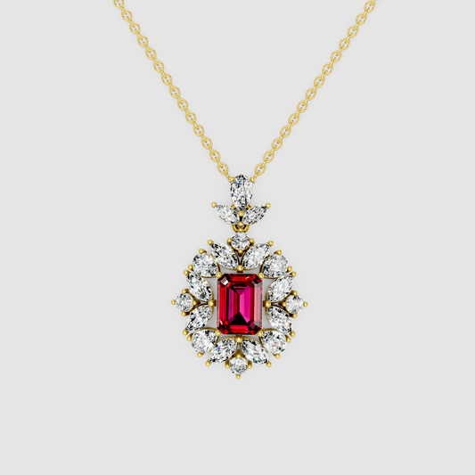 Vintage Charlotte – Emerald Cut Ruby Statement Pendant with Moissanite Sunburst Halo in 18KT Gold