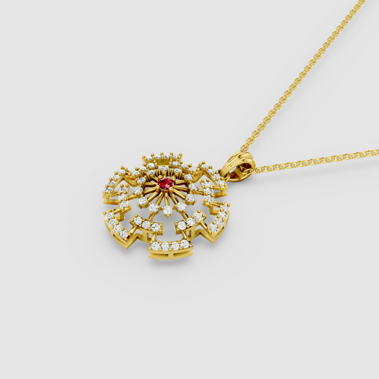 Arabella – Center Ruby Sunburst Wheel Pendant with Moissanite in 18KT Gold