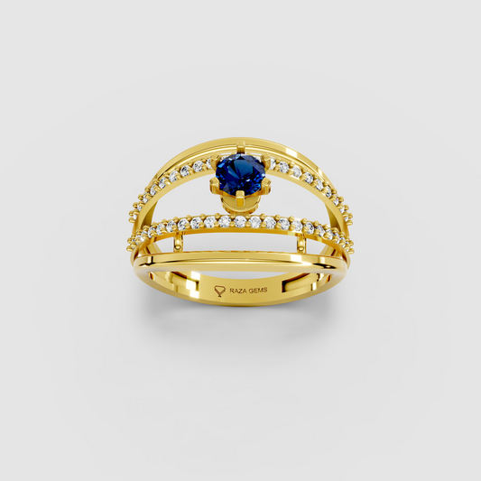 Evelyn – Round Blue Sapphire & Moissanite Double Pavé Band Ring in 18KT Gold