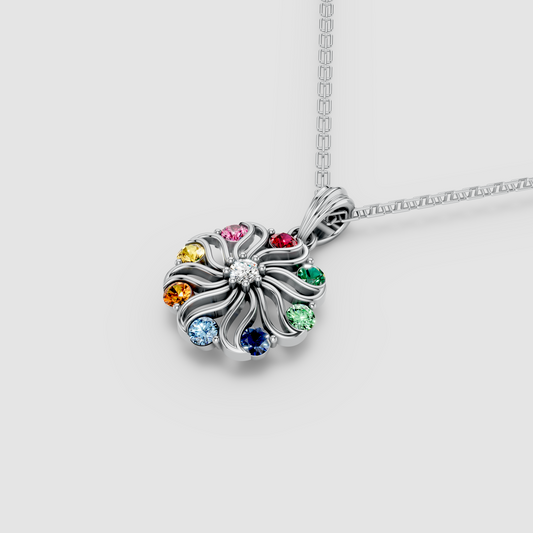 Rainbow Swirl – Natural Multi-Gemstone Pinwheel Floral Pendant in 18KT Gold