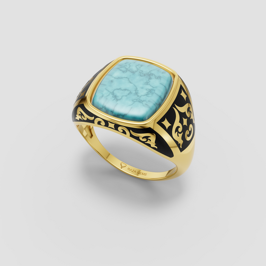 Aria – Cushion Turquoise Ring with Vintage Black Enamel in 18KT Gold
