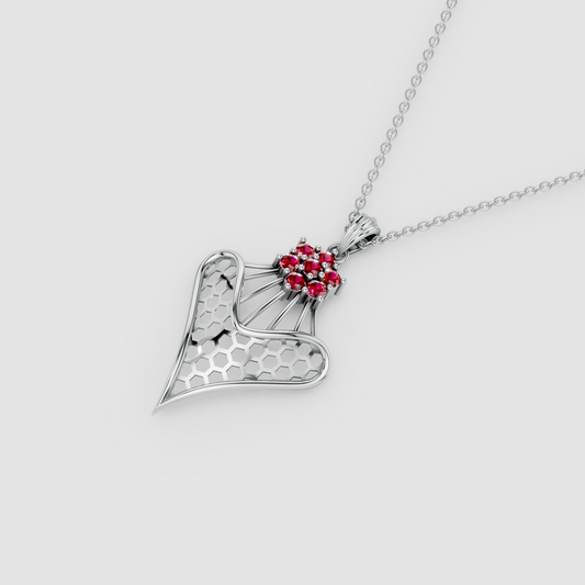 Grace – Ruby Floral Cluster & Lattice Heart Pendant in 18KT Gold