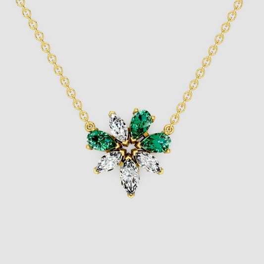 Blooming Chloe – Pear Cut Emerald & Marquise Moissanite Flower Pendant in 18KT Gold