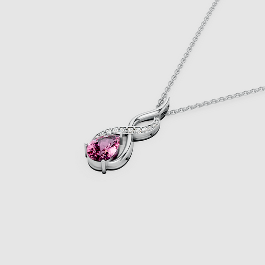 Serenity – Pear-Cut Pink Sapphire Swirl Pendant with Moissanite in 18KT Gold