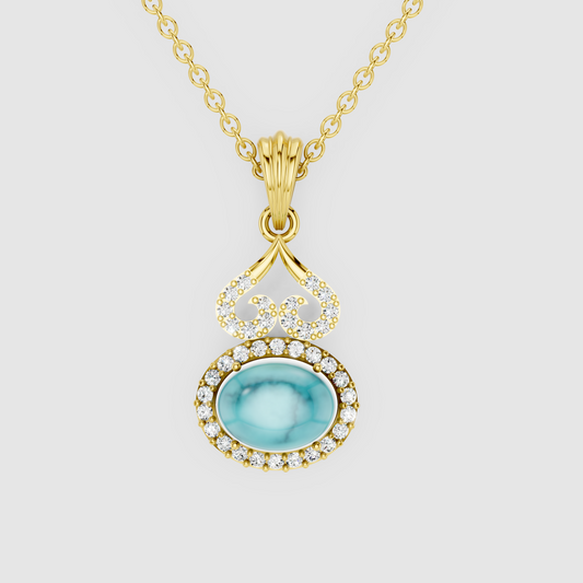 Jasmine – 18K Gold Oval Turquoise (Firoza) & Moissanite Halo Vintage Scroll Pendant