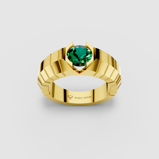 Elisa - 18K Gold Round Emerald Tension-Style Signet Ring