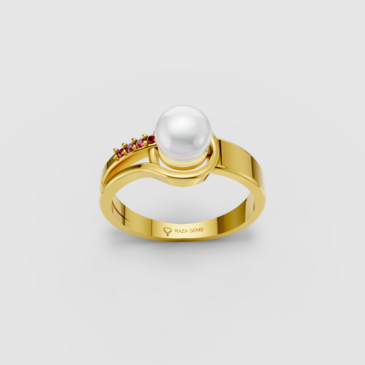 Lyra – 18K Gold Natural Pearl & Ruby Accent Bypass Ring