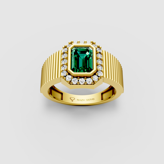 Raya – 18K Solid Gold Emerald Cut Emerald & Halo Fluted Band