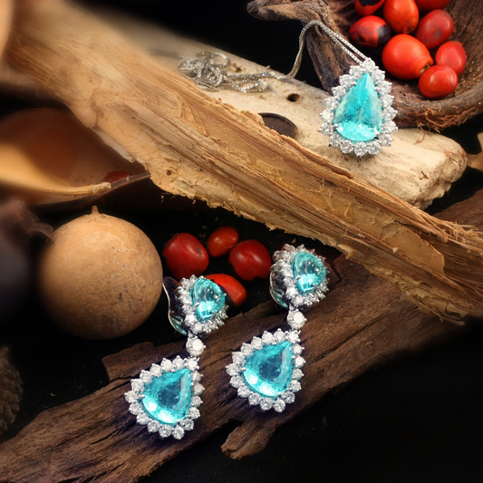 Blue Topaz Pear Shape With Moissanite In Pure Silver 925 Earring And Pendent (EAR0680)