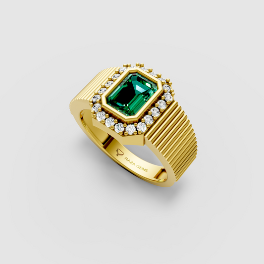 Raya – 18K Solid Gold Emerald Cut Emerald & Halo Fluted Band