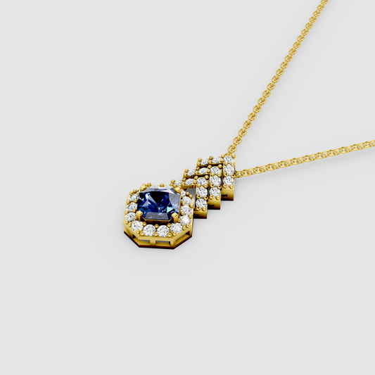 Royal Chevron – Square Blue Sapphire Halo Pendant with Moissanite in 18KT Gold