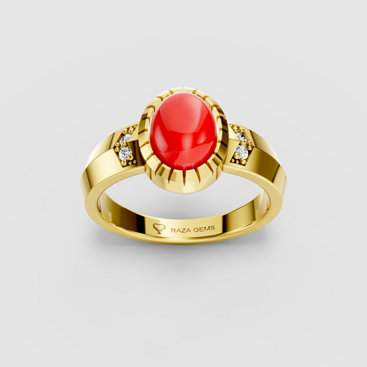 Myla – 18K Solid Gold Oval Coral & Moissanite Crown-Bezel Ring