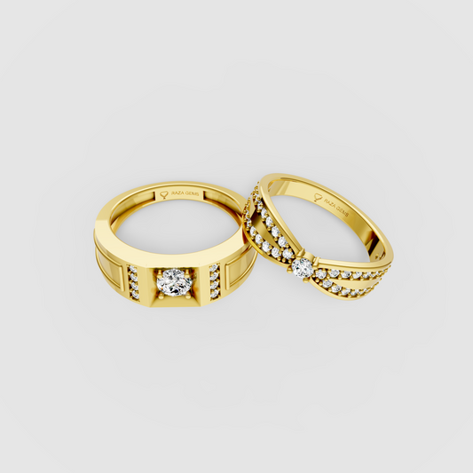 Harriet – 18K Solid Gold Moissanite Bow Crossover & Modern Signet Couple Ring Set
