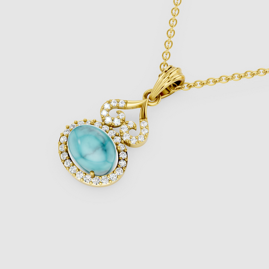 Jasmine – 18K Gold Oval Turquoise (Firoza) & Moissanite Halo Vintage Scroll Pendant