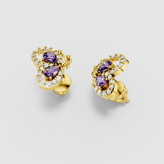 Anna - 18K Gold Pear Amethyst & Moissanite Halo Butterfly Stud Earrings"